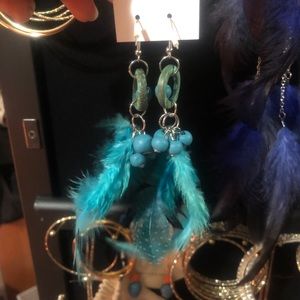 Teal feather earring